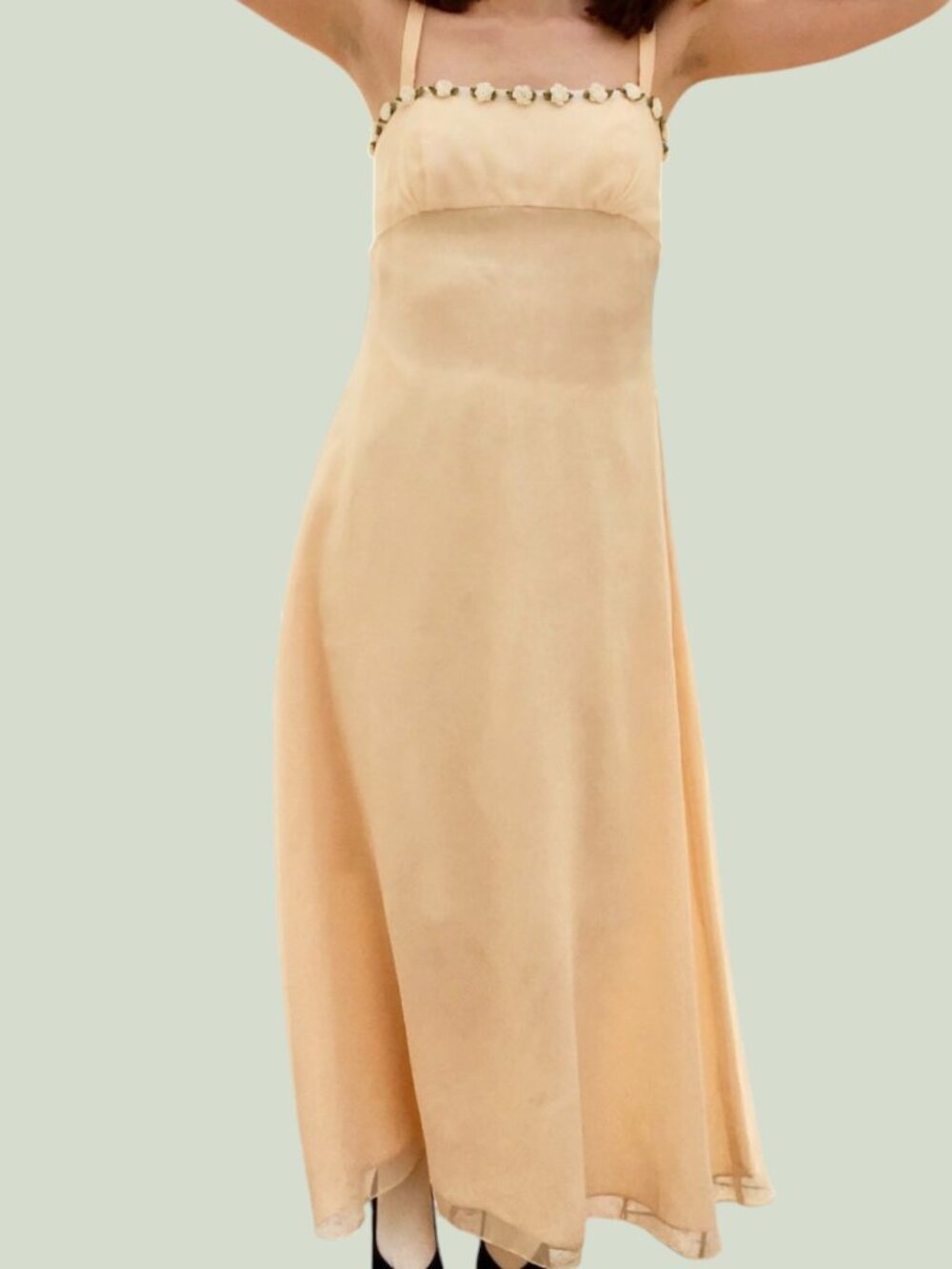 Vintage 1990s Champagne Chiffon Maxi Dress Floral Prom Bridesmaid XXS